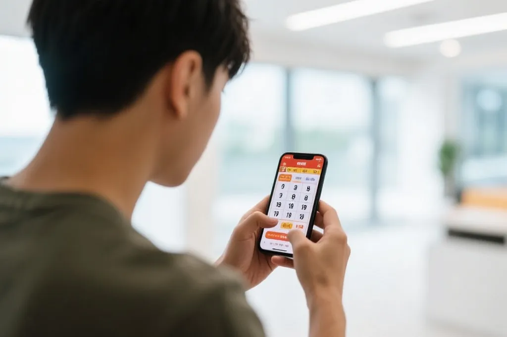 人在手机上查询开奖结果，屏幕上显示数字，氛围轻松专注